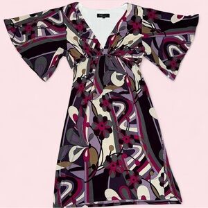 Vintage Floral V-Neck Dress in Purple and Pink